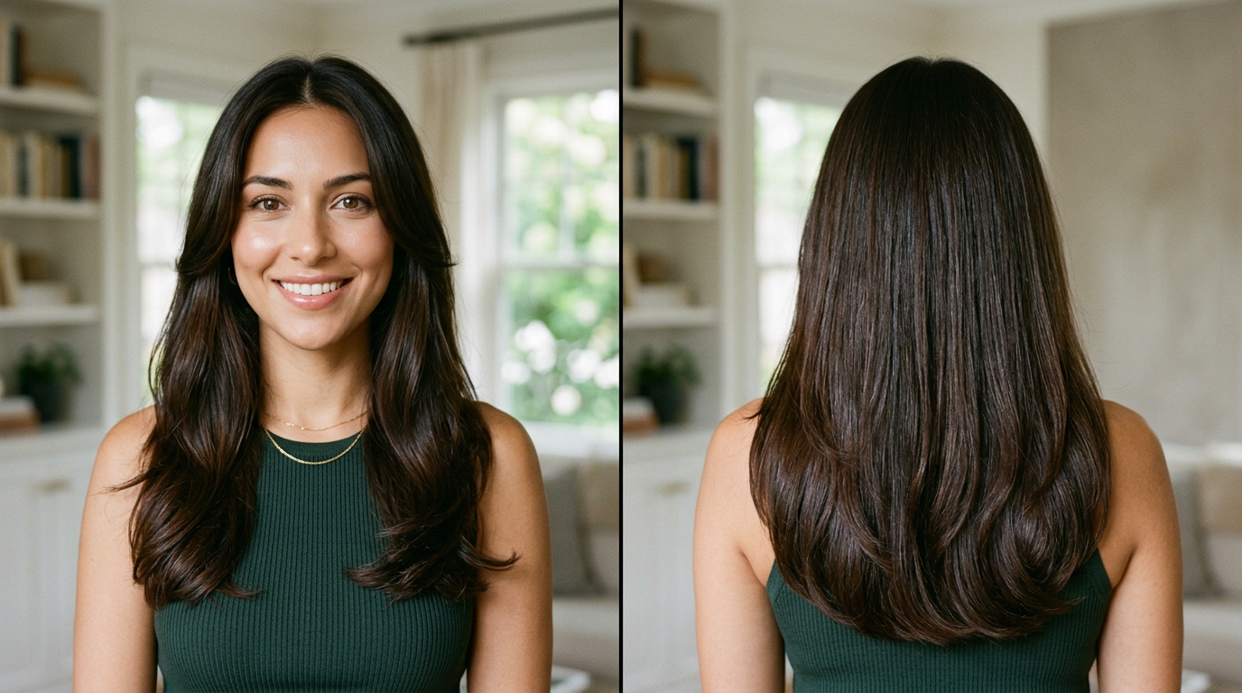 Front and back views of a woman with mid-back length U-cut layered hair showing a soft rounded shape and natural flow.