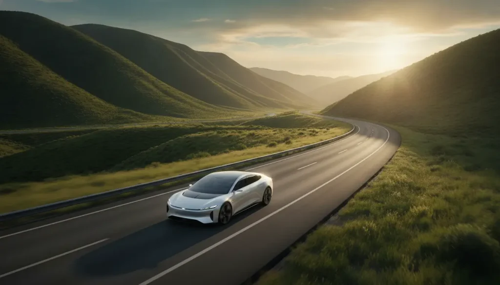 Sleek white car driving on winding road through green hills at sunset