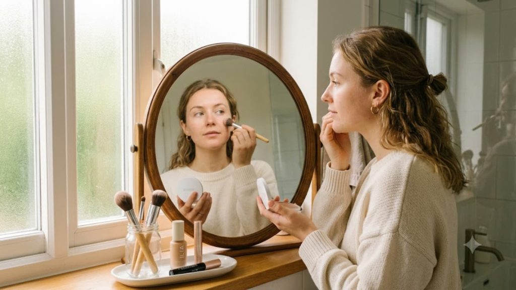 young woman applying soft natural makeup in front of a mirror at home