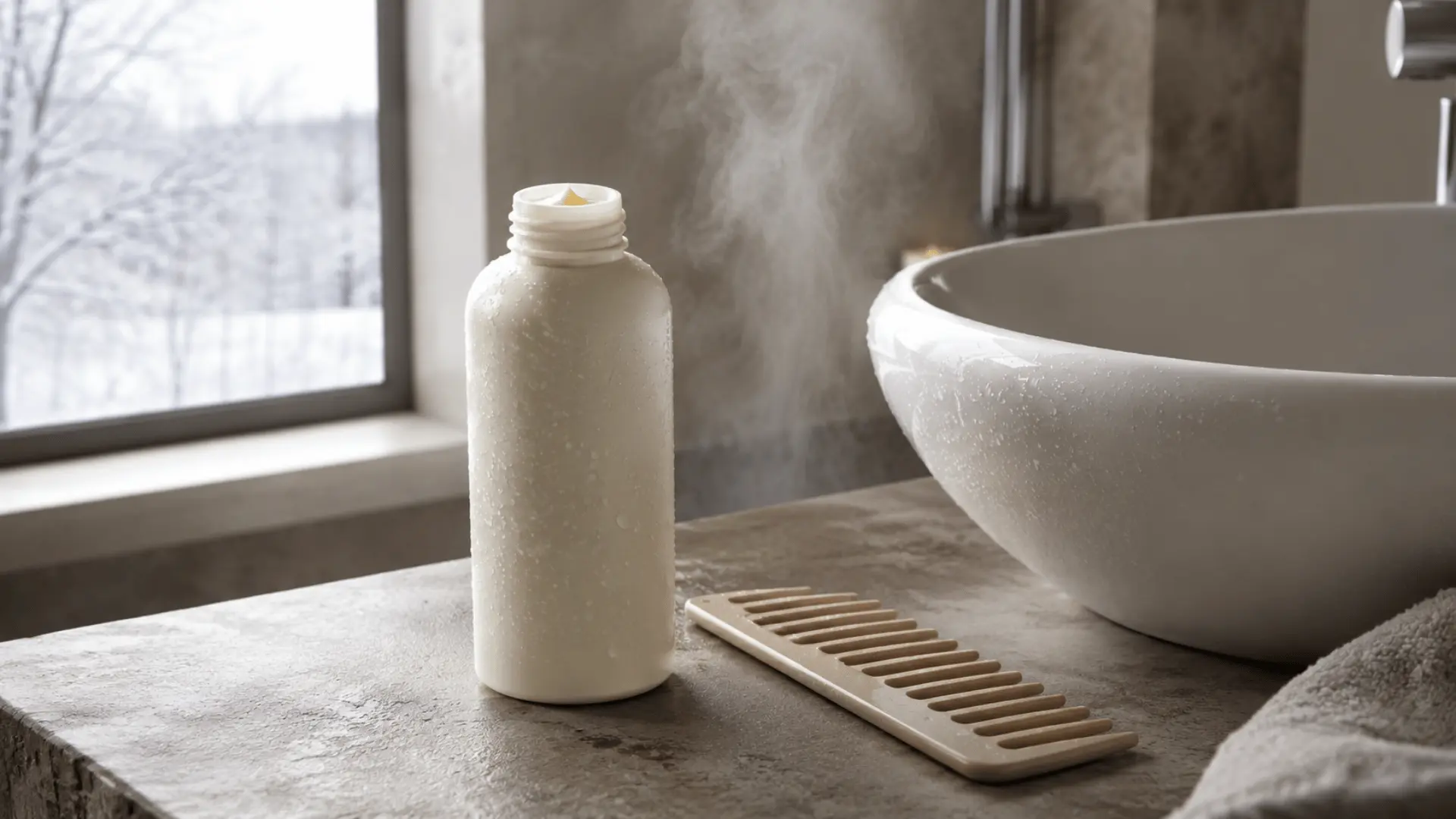 open white bottle releasing steam beside a wide tooth comb and white basin near a snowy bathroom window
