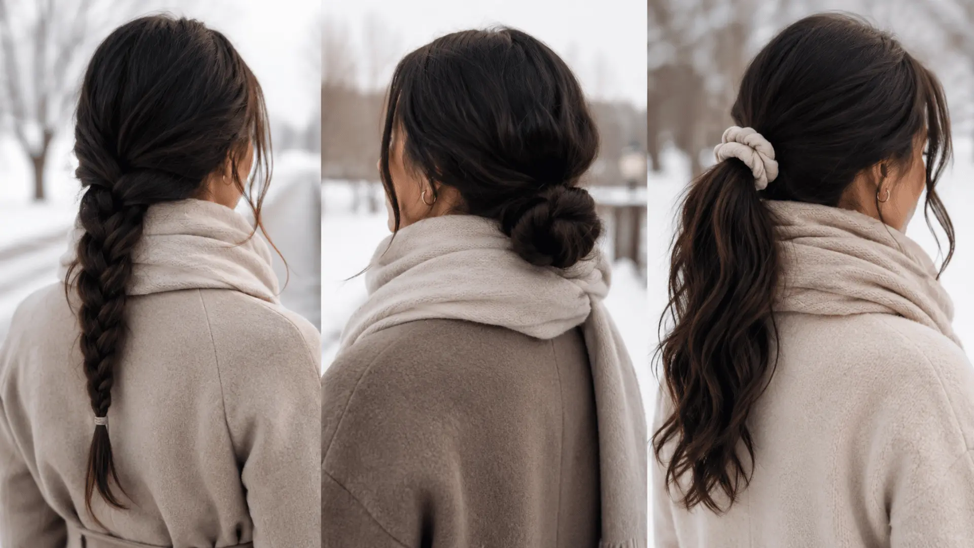 three views of a woman wearing a long braid a low bun and a loose ponytail in a snowy outdoor setting