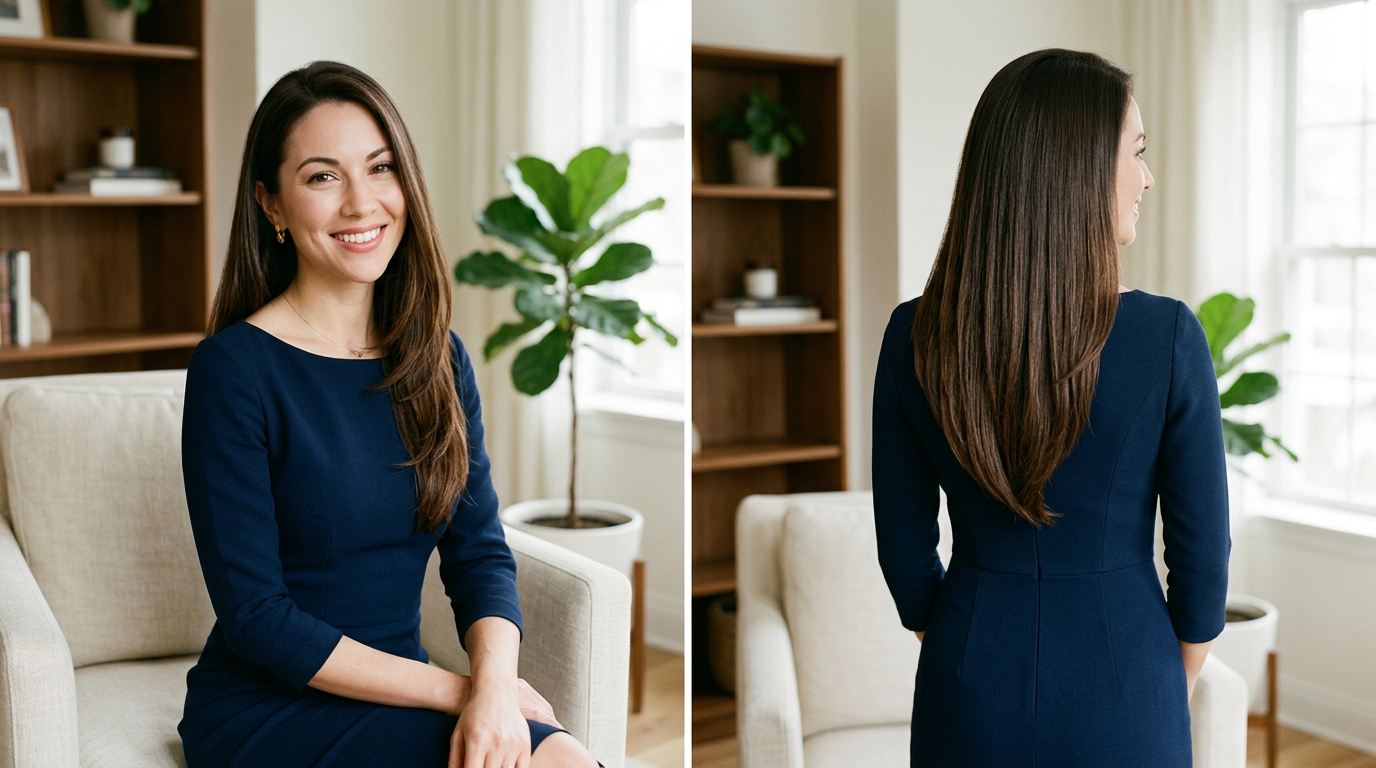 long V-cut layered hair showing a defined V-shaped silhouette and flowing layers.