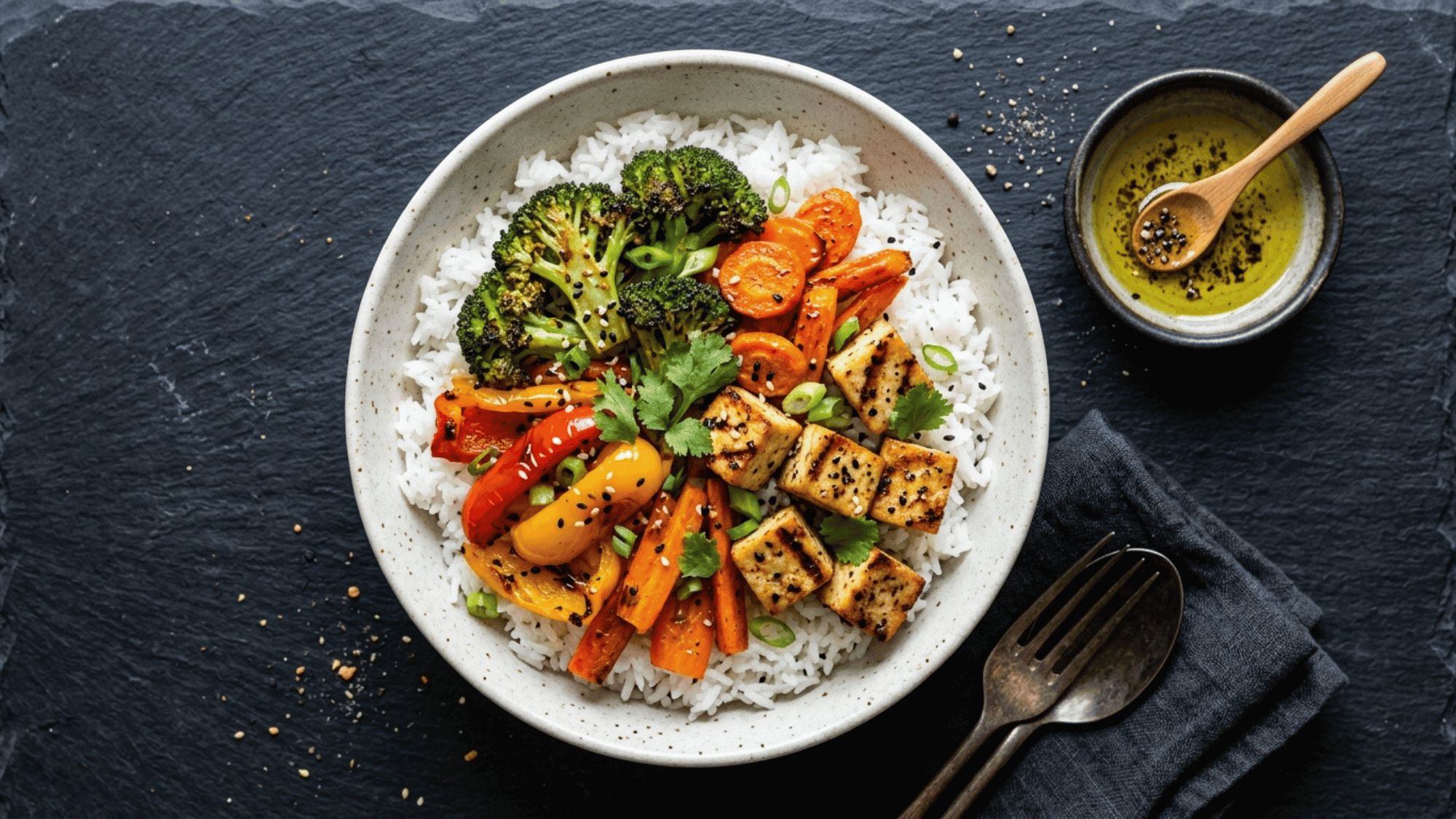 white rice bowl with roasted vegetables and tofu