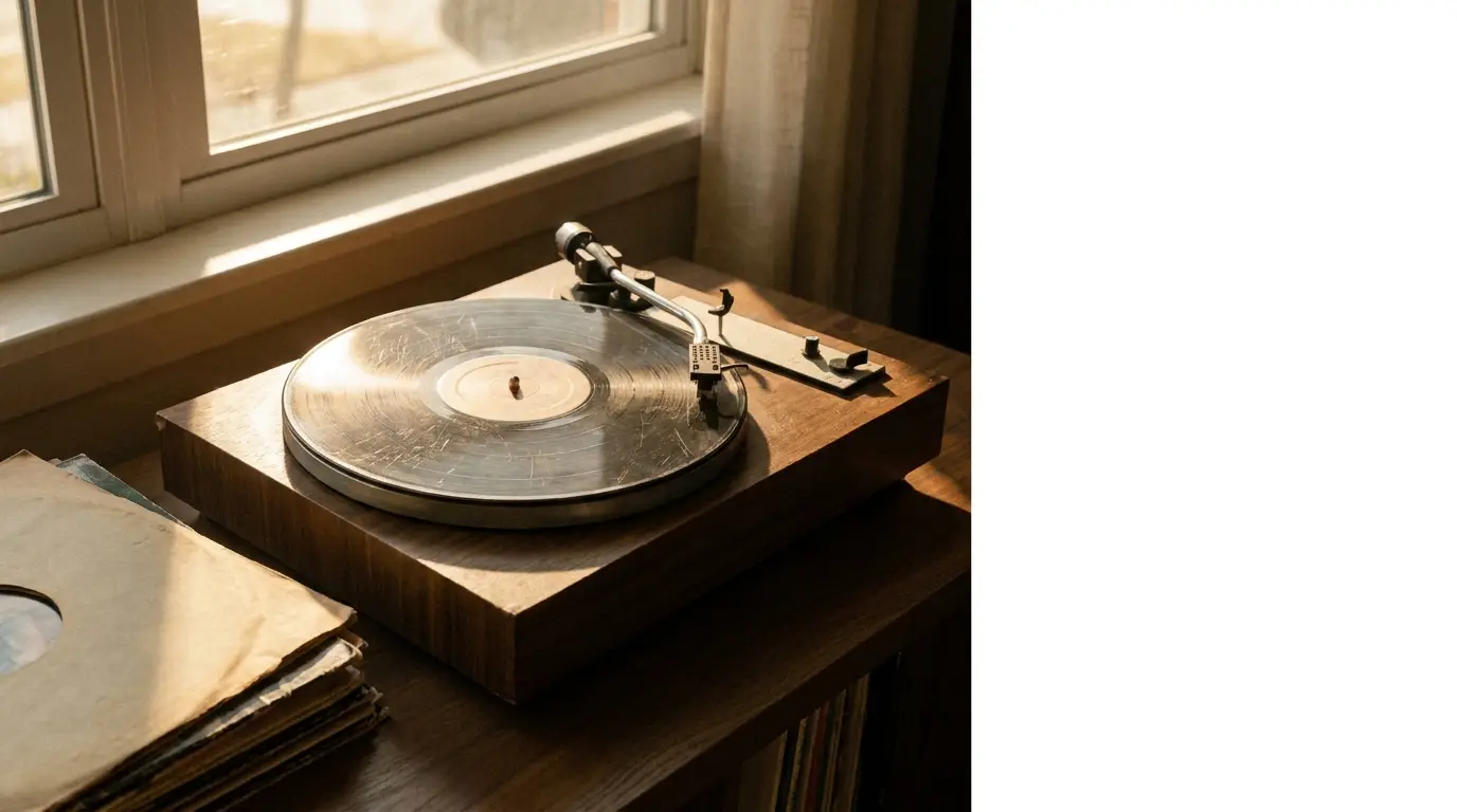 Turntable playing a vinyl record on a wooden table near a sunlit window
