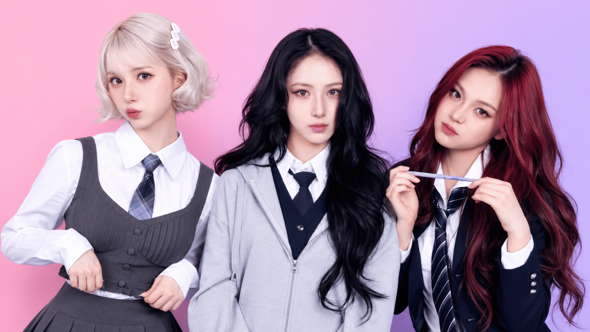 viviz members posing in elegant black outfits on a pastel pink backgroundblackpink members posing in elegant black outfits on a pastel pink background