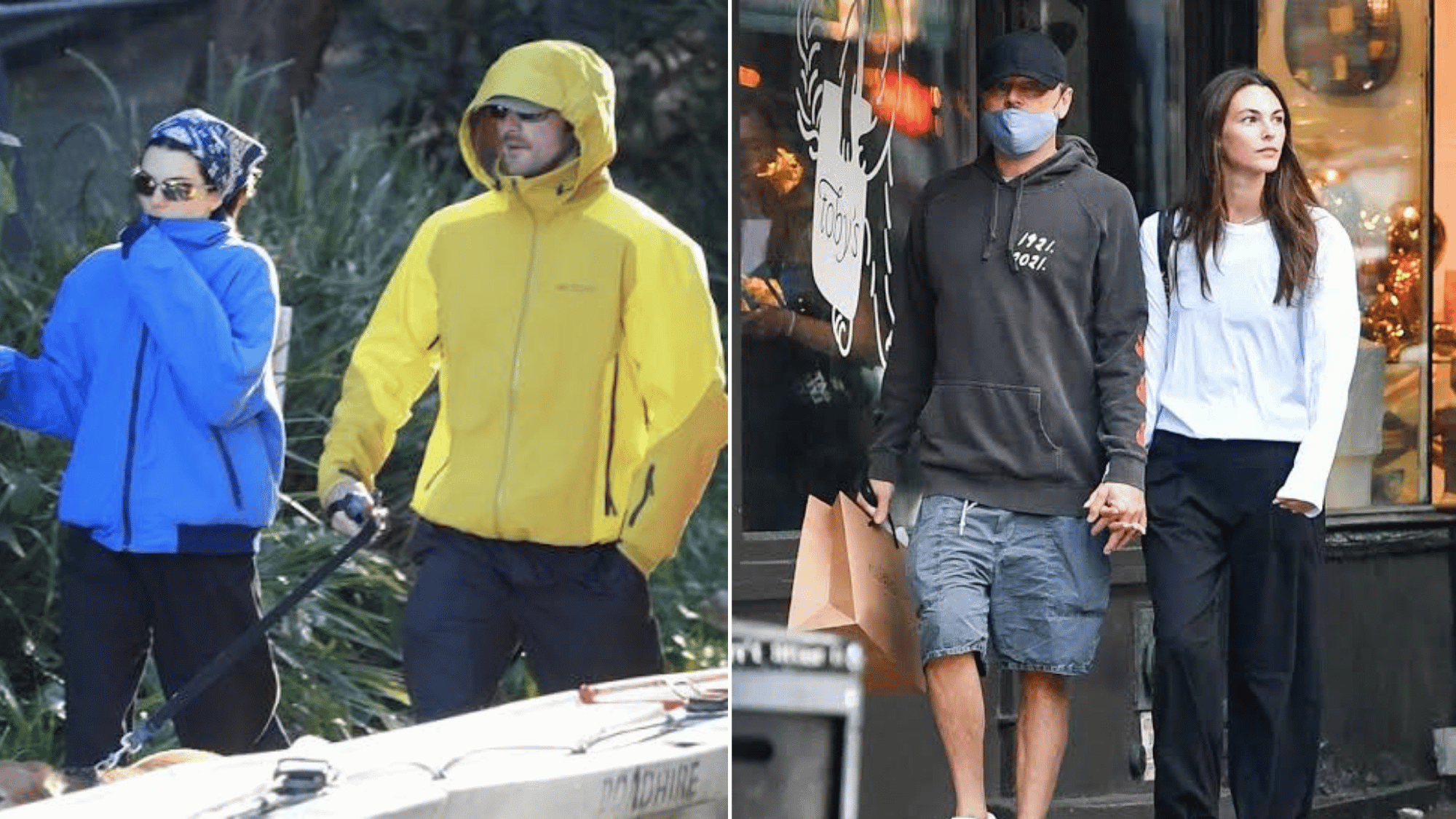 walking side by side collage showing kendall jenner and leonardo dicaprio during separate casual public outings