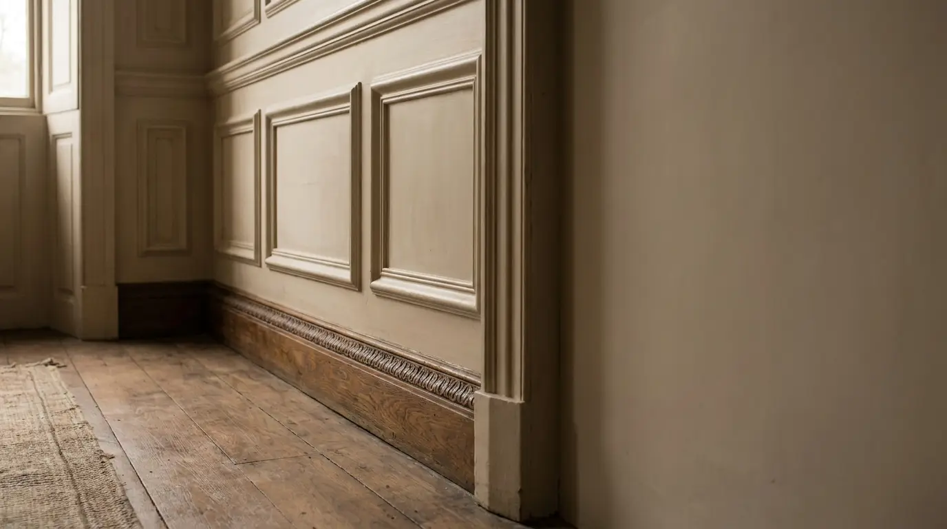 Elegant wooden wainscoting with ornate moldings in softly lit hallway with wooden floors