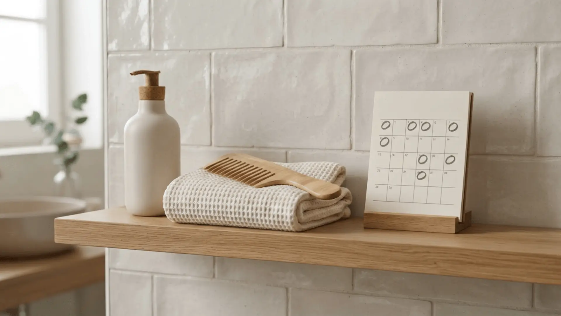 white pump bottle and wooden comb on folded towels beside a calendar with circled dates on a bathroom shelf