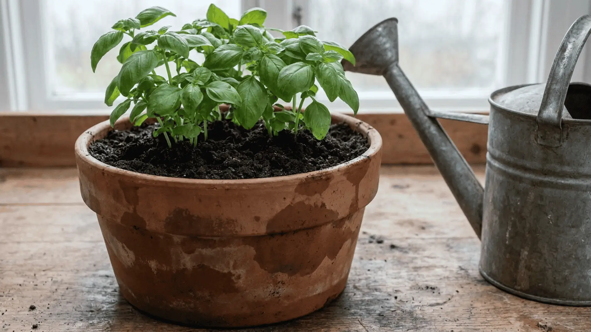 terracotta basil pot with evenly moist dark soil and a metal watering can resting nearby