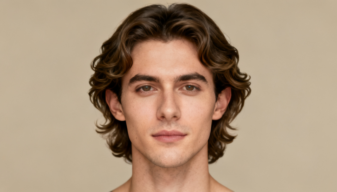 medium-length wavy hair, natural waves adding soft volume around jawline in a clean passport-style portrait.