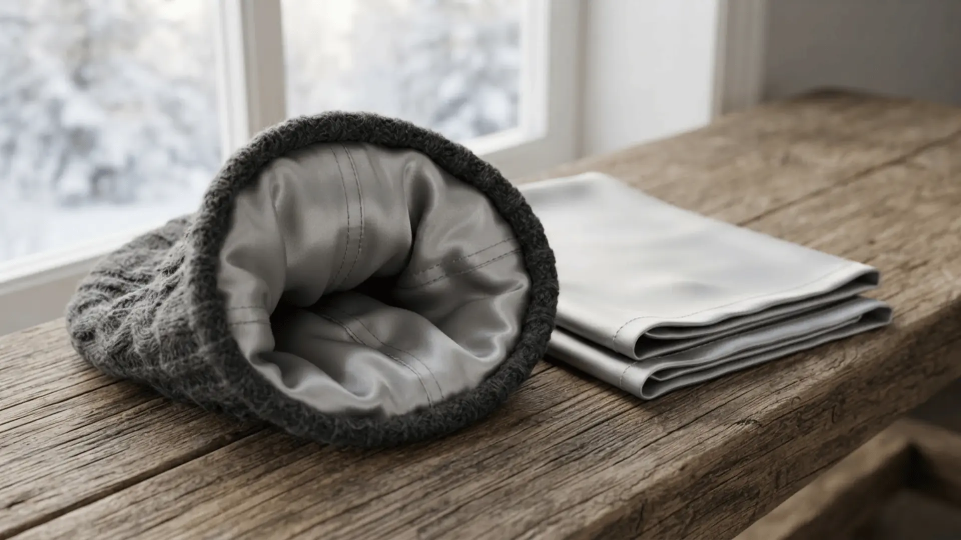 gray knit hat with smooth satin lining beside folded satin fabric on a rustic wooden table near a snowy window