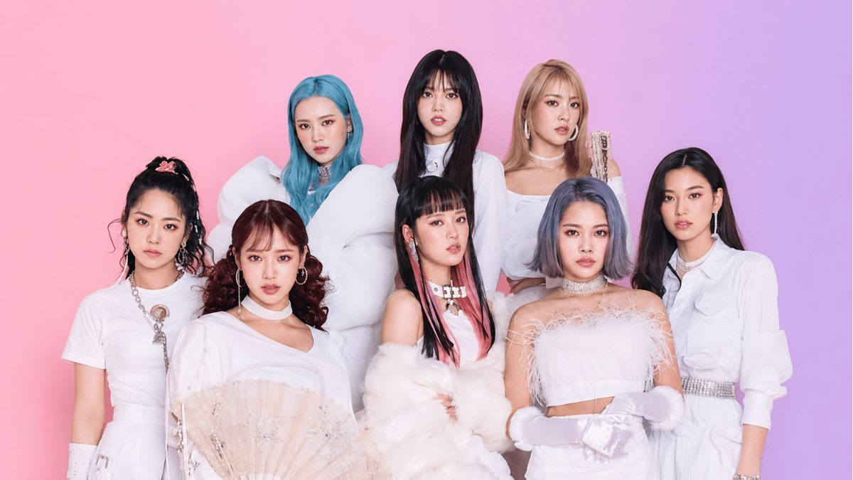 weki meki members posing in elegant white outfits on a pastel pink background