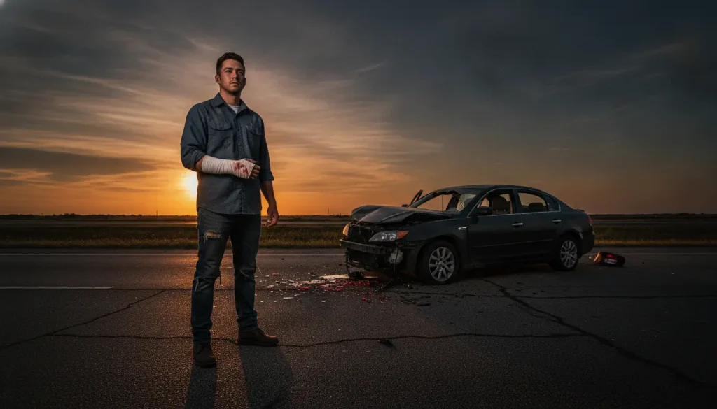 Man with bandaged arm standing near damaged car on rural road at sunset