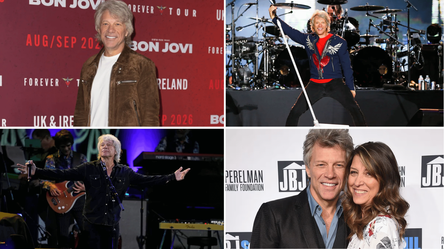 jon bon jovi at tour events, performing live on stage and attending public appearances with his wife after recovery