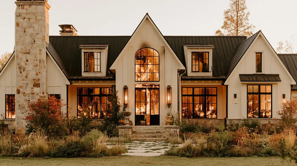 Modern farmhouse exterior with stone chimney and large windows at sunset