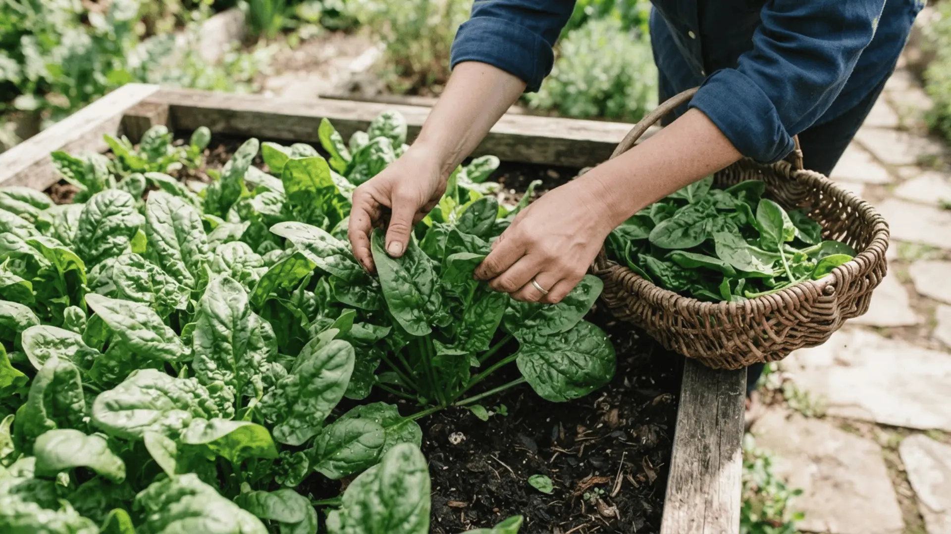 gardener harvesting fresh spinach leaves by hand into a wicker basket beside a raised garden bed in daylight