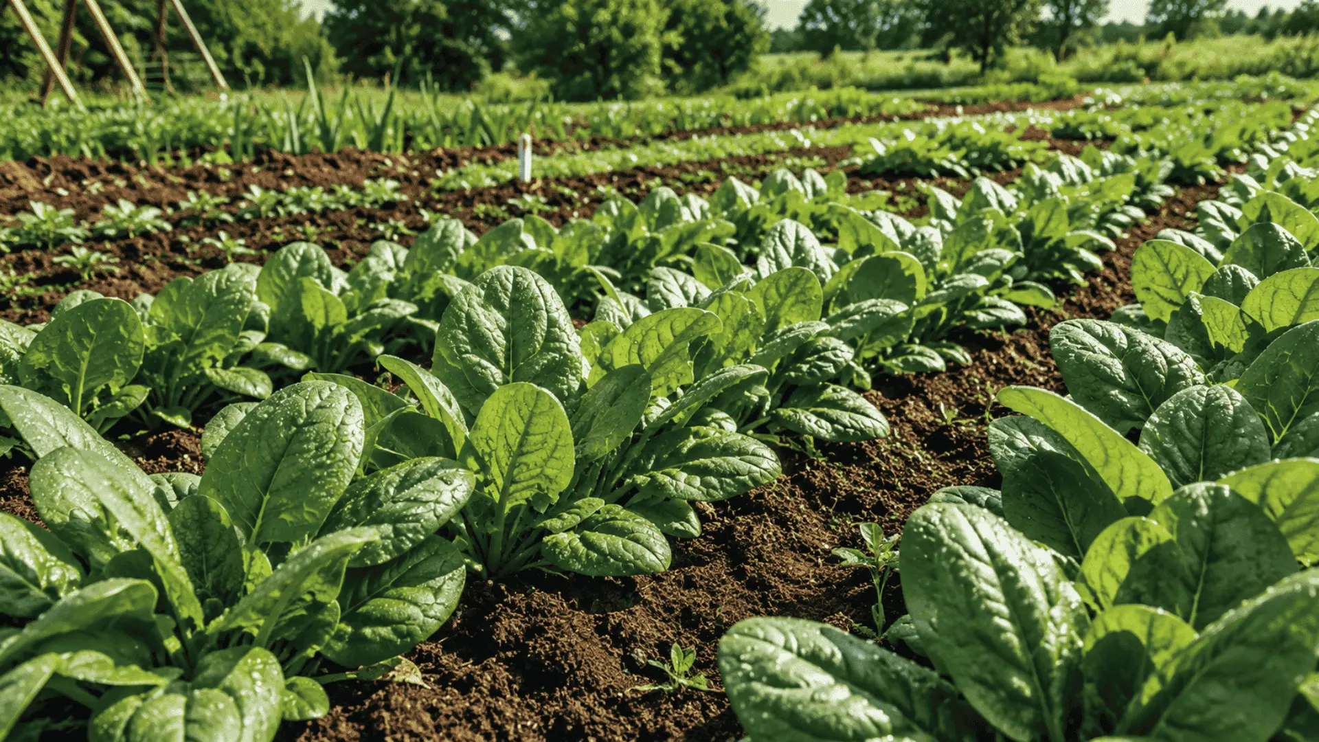 healthy spinach plants grow in neat rows of moist soil beneath clear sunlight across a productive garden field