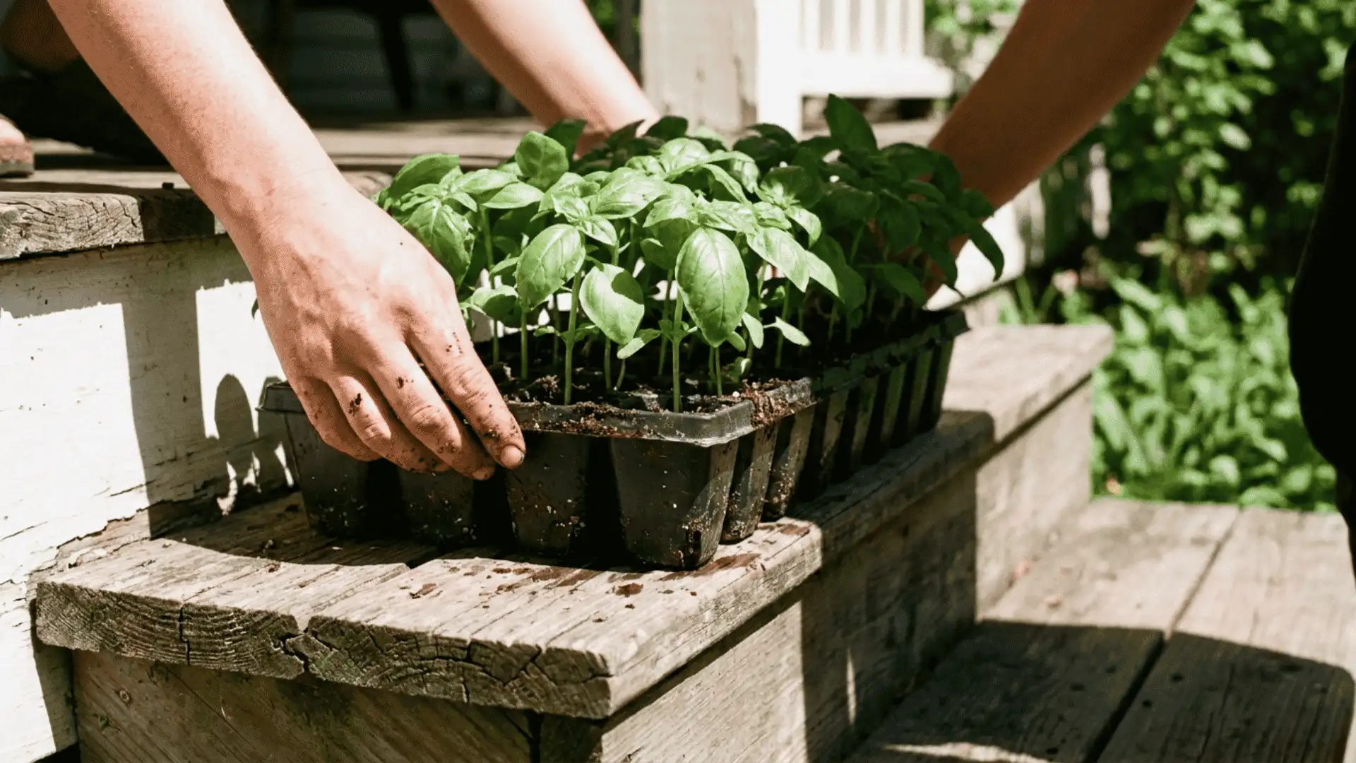 tray of young basil seedlings being carried outside onto a sunny wooden porch step