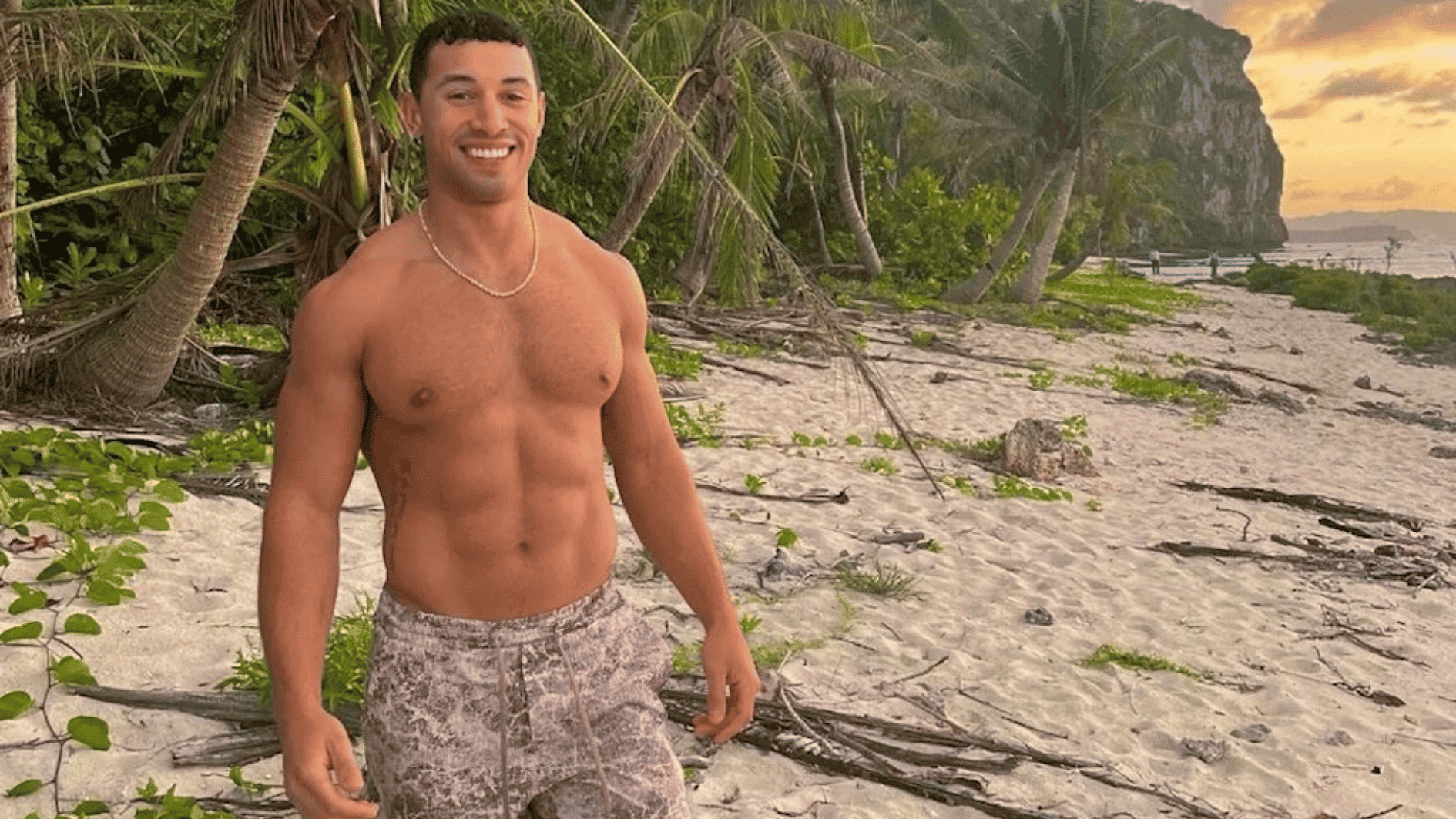 justice fester smiling shirtless on a tropical beach with palm trees, sandy shore, and sunset in the background
