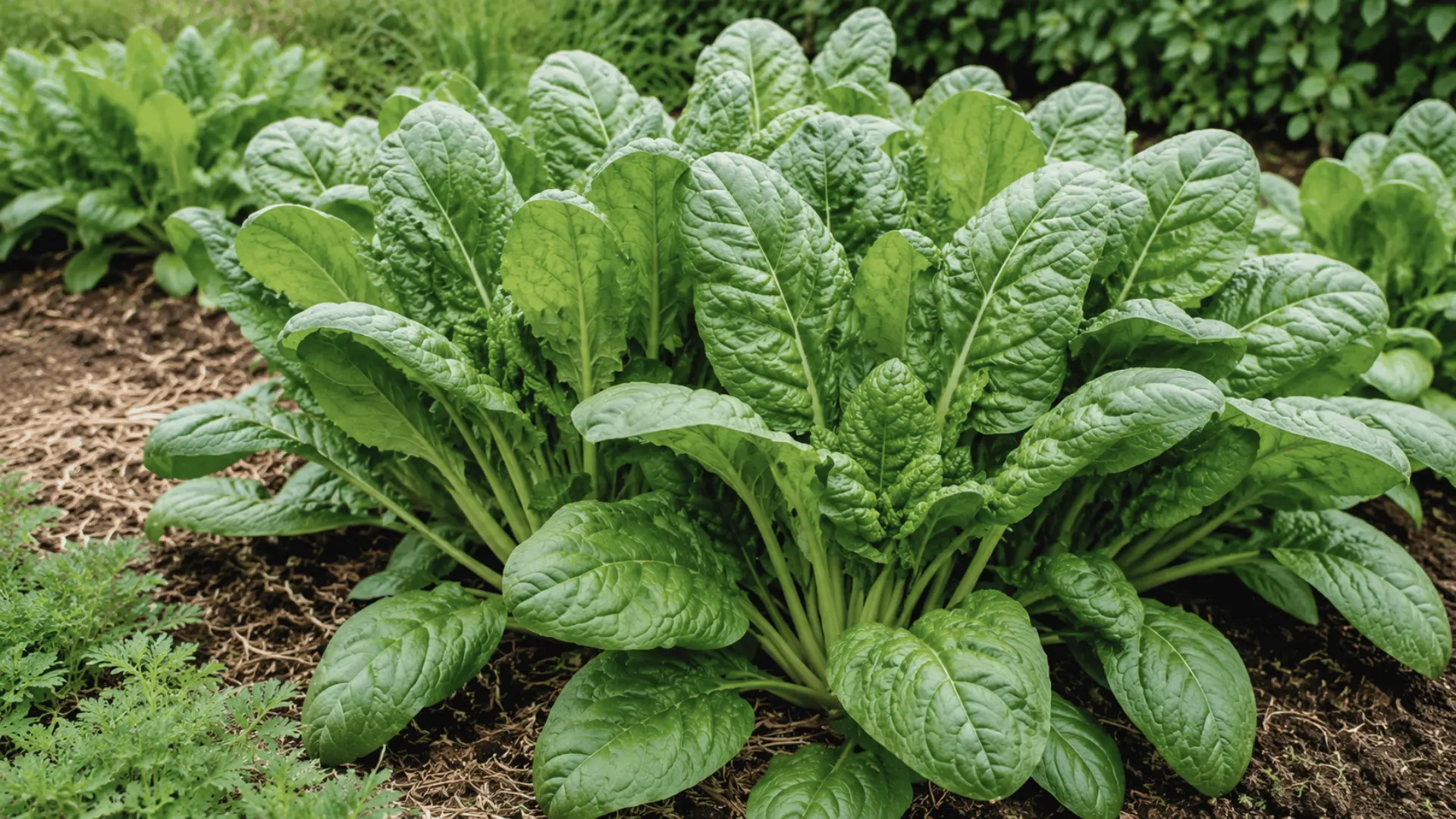 lush mature spinach plants with broad textured leaves growing in rich mulched soil in a sunny garden bed