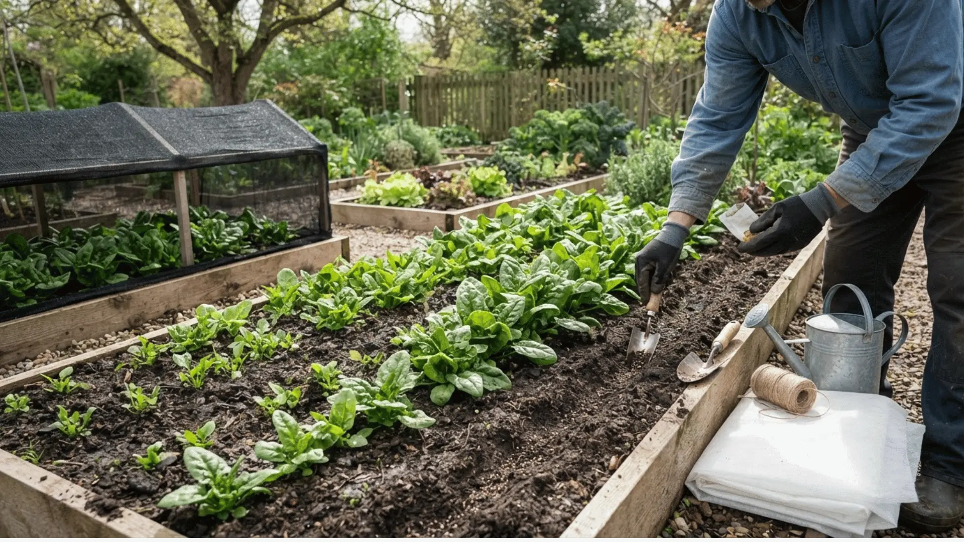 gardener preparing rich soil around spinach plants in a raised bed with hand tools watering can and row cover