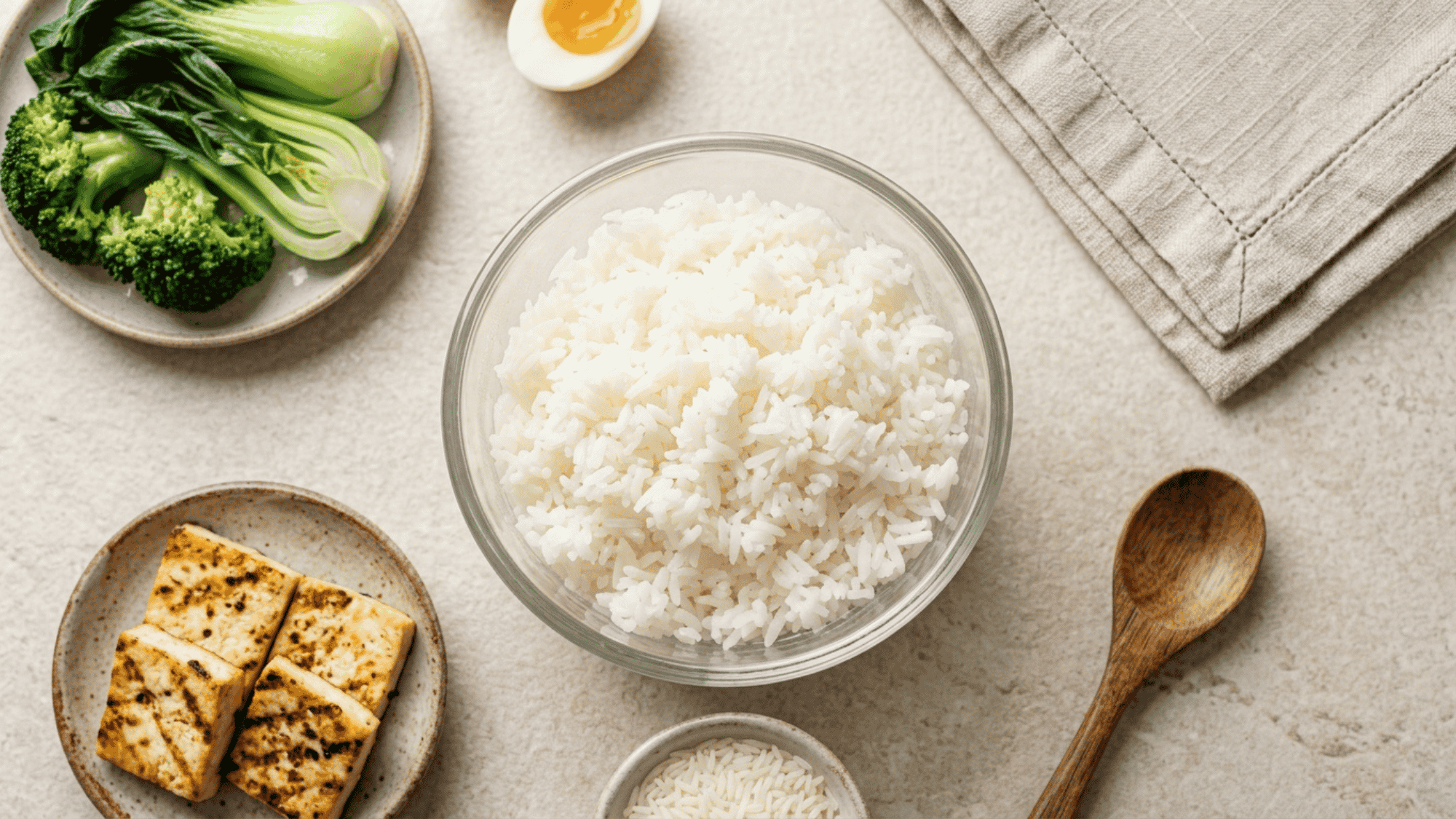 bowl of cooked white rice with healthy side dishes