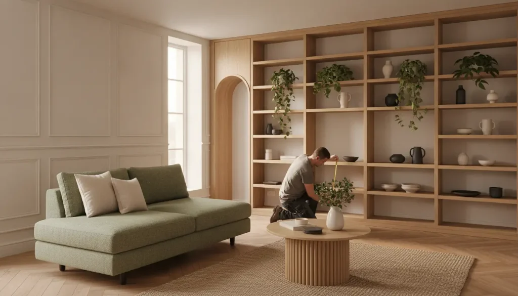 Man measuring wooden shelves in modern living room with green sofa and plants on shelves