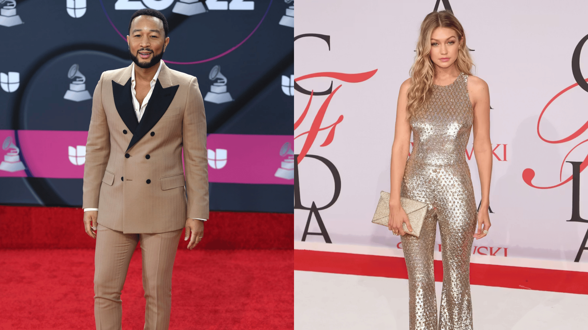Gigi Hadid in gold sequin jumpsuit and John Legend in tan suit on red carpet