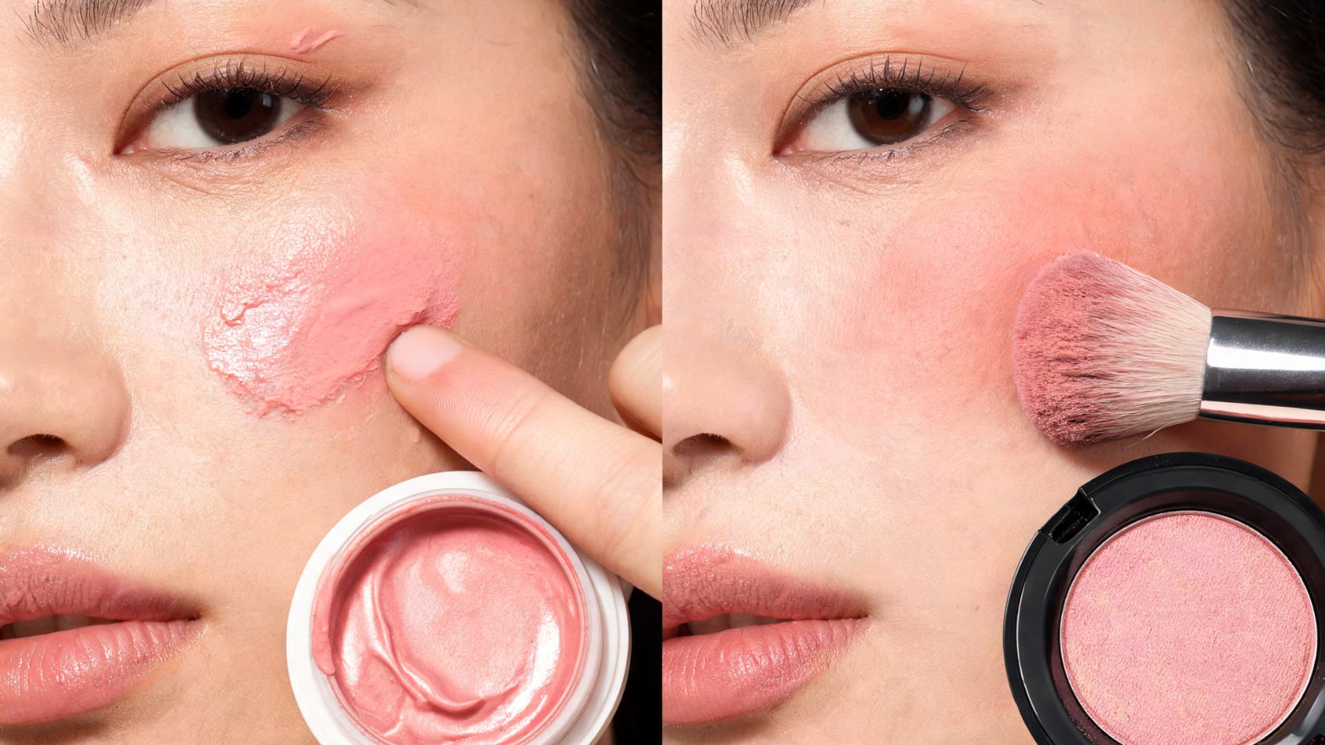 cream blush blended with a finger beside powder blush applied with a makeup brush