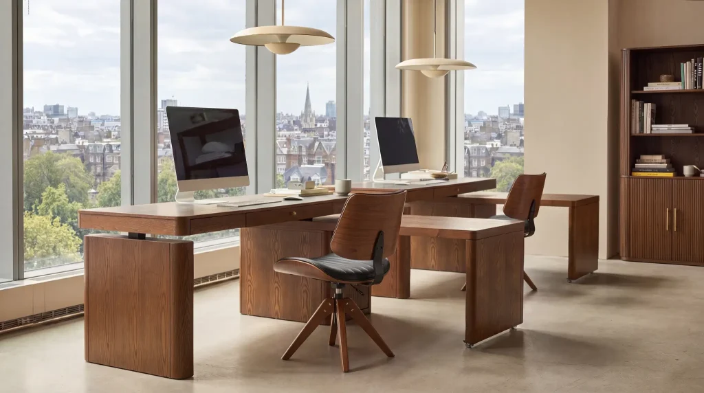 Modern office space with wooden desks, ergonomic chairs, large windows, and cityscape view