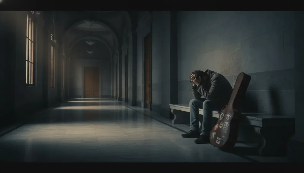 Man sitting with head in hands on bench in dimly lit corridor with guitar case nearby