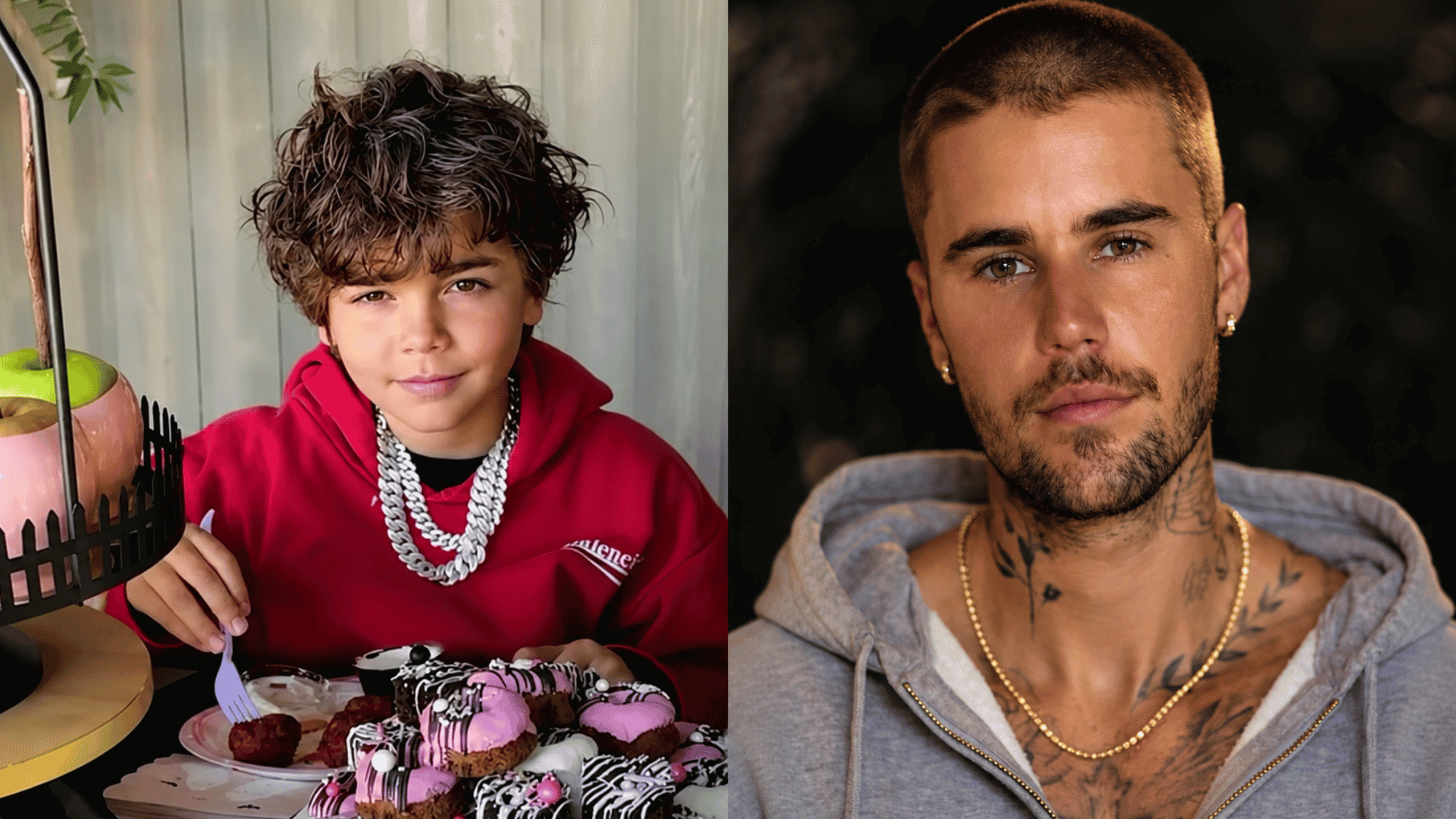 Side-by-side photo comparison of Reign Disick and a young Justin Bieber.