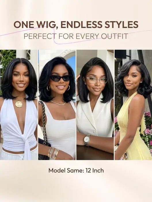 Four women with short black hairstyles wearing different outfits in various outdoor settings