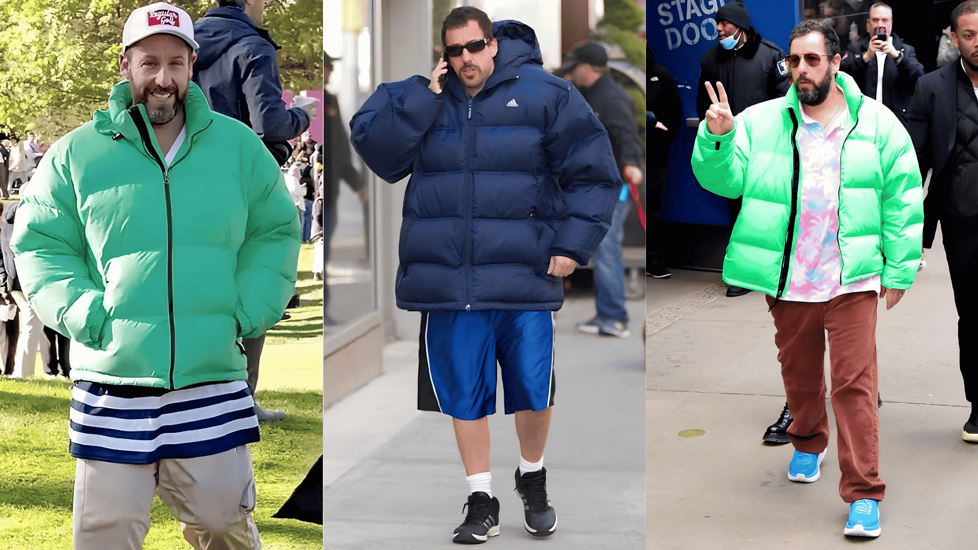 Three oversized puffer jacket outfits in green and navy with casual bottoms