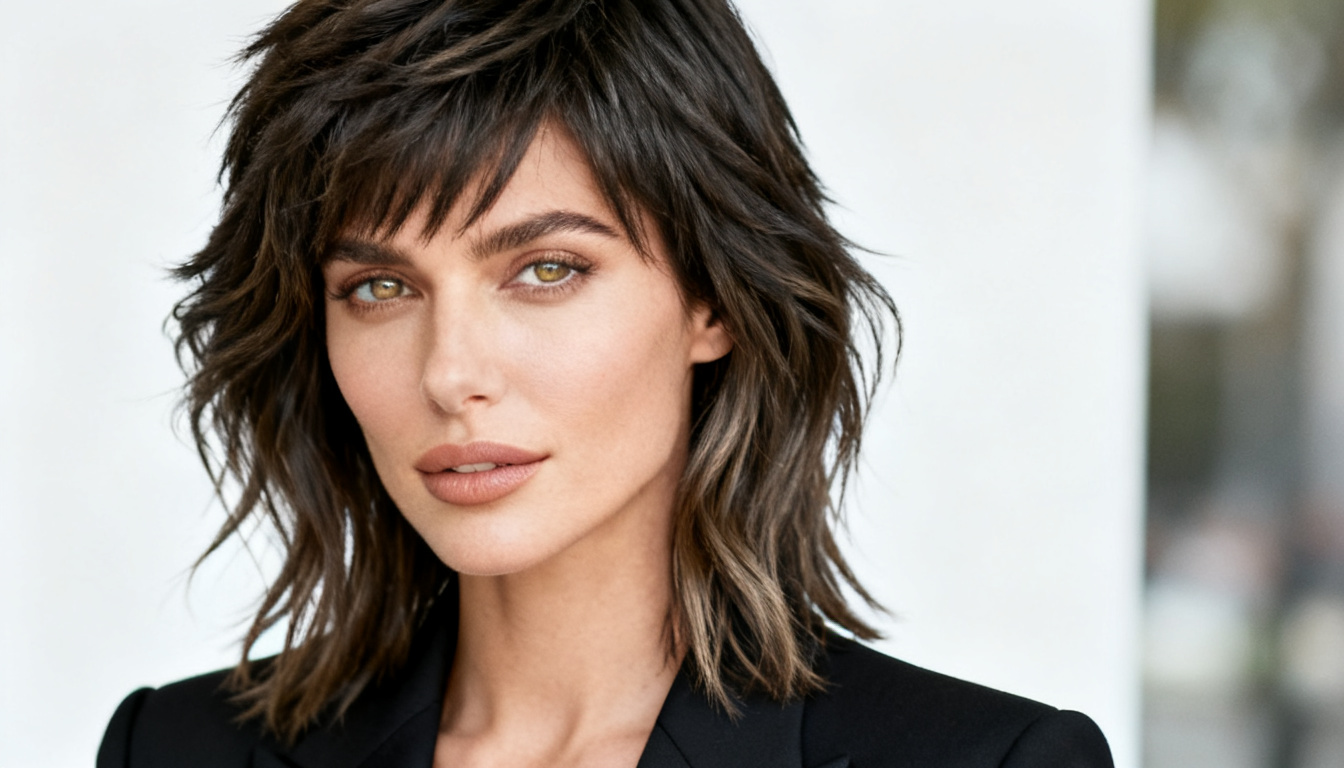 a bold wolf cut featuring heavy crown layers and longer ends creating fullness around a heart-shaped face.