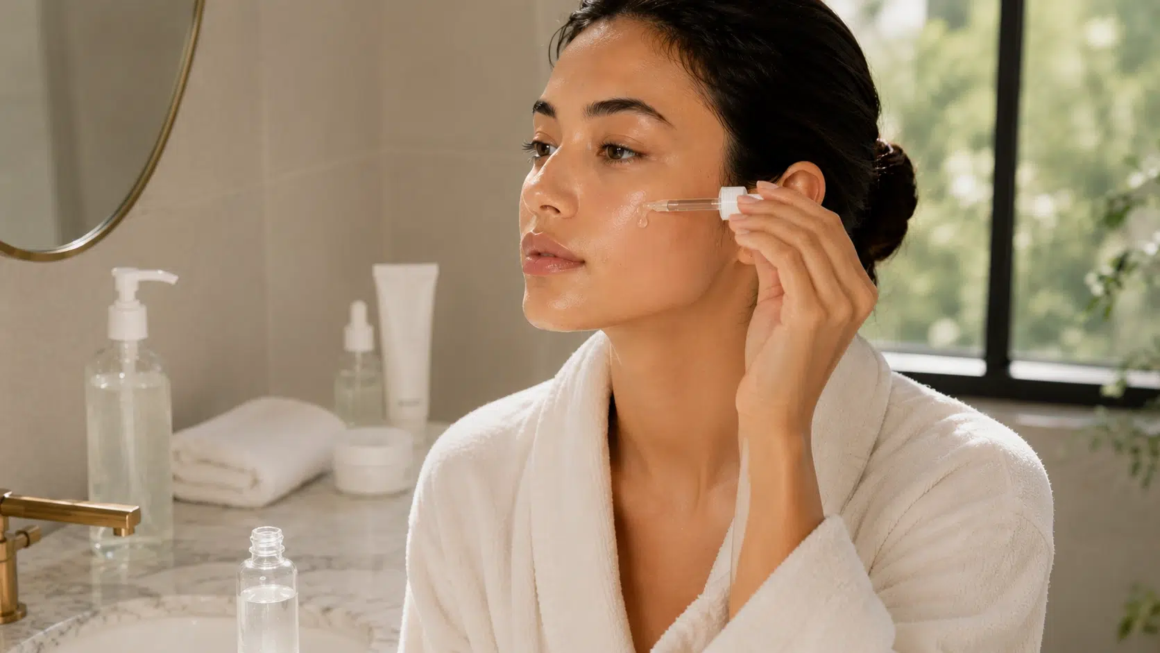 woman applying serum after cleansing