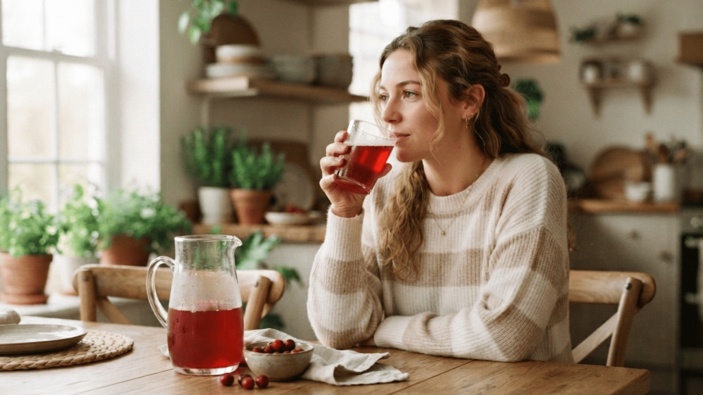 woman drinking cranberry juice at a kitchen table with a pitcher and fresh cranberries nearby