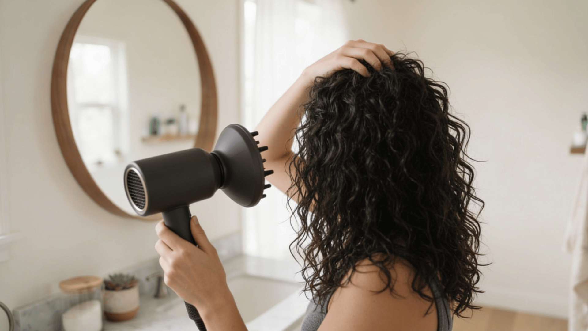 woman hover diffusing partially damp curly hair with a diffuser near the roots in a bright bathroom