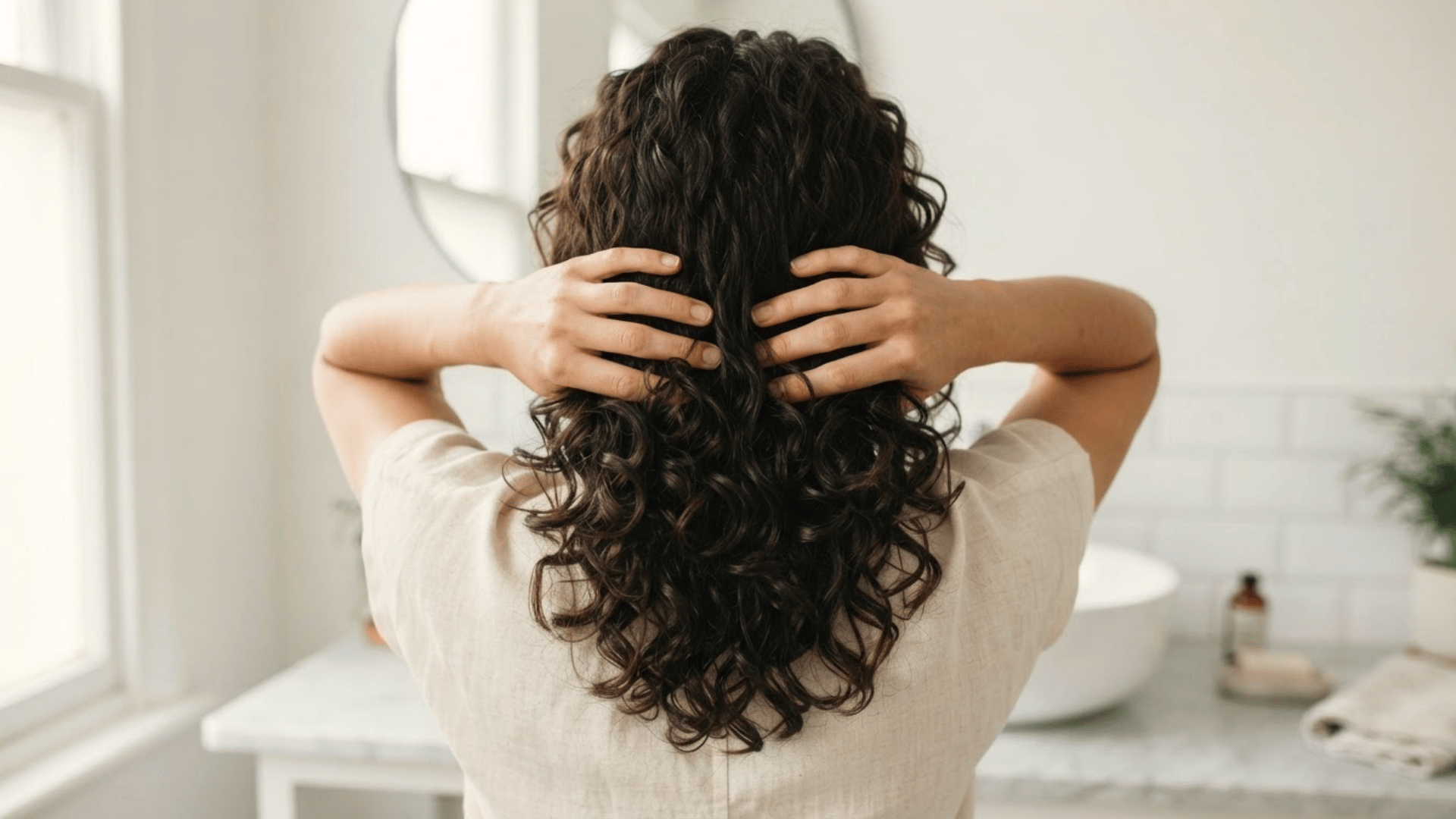 woman with dry curly hair scrunching out a gel cast by hand, with soft defined curls and a hair pick nearby
