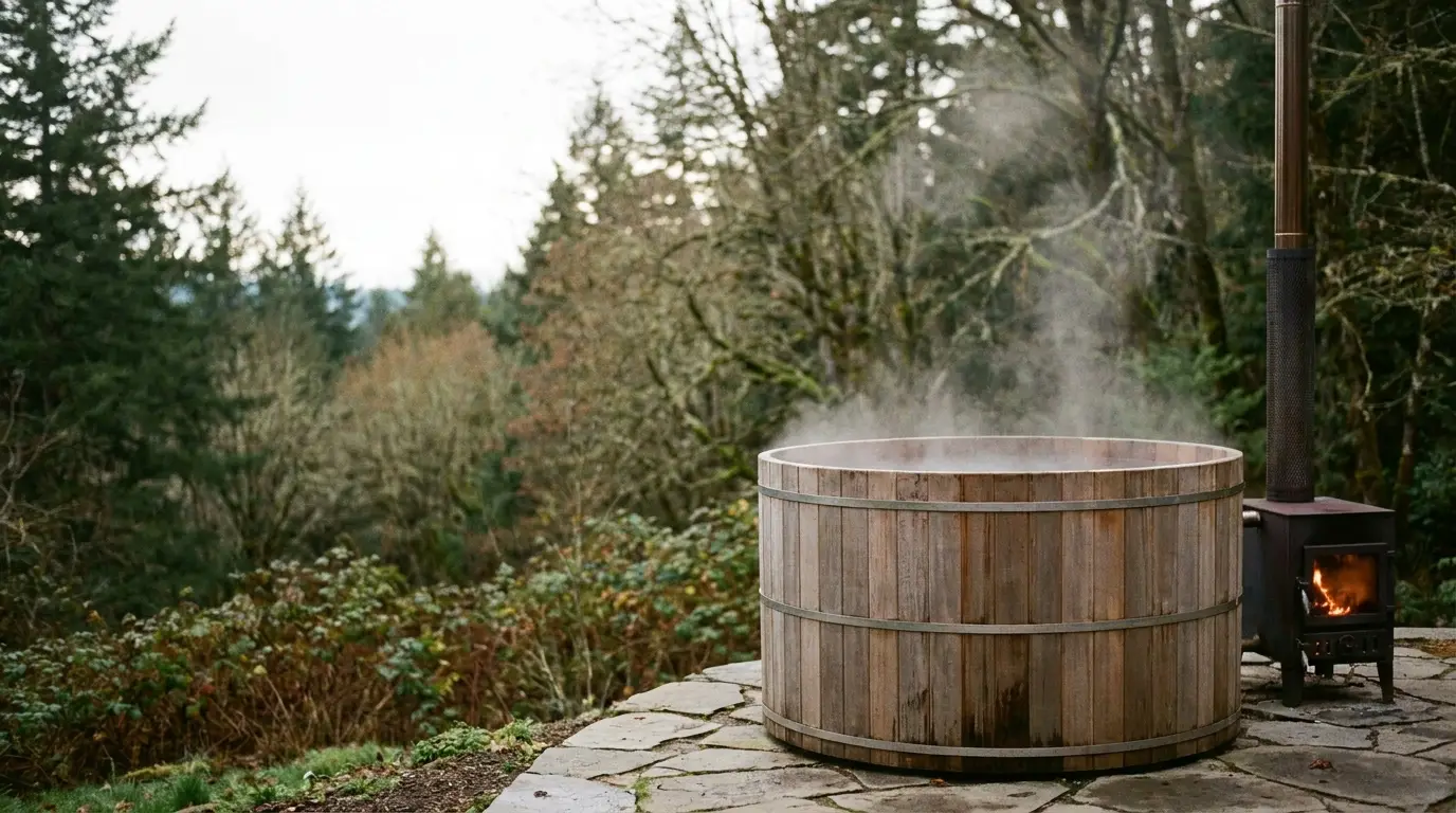 Wooden hot tub with steam rising in forest setting next to a small stove