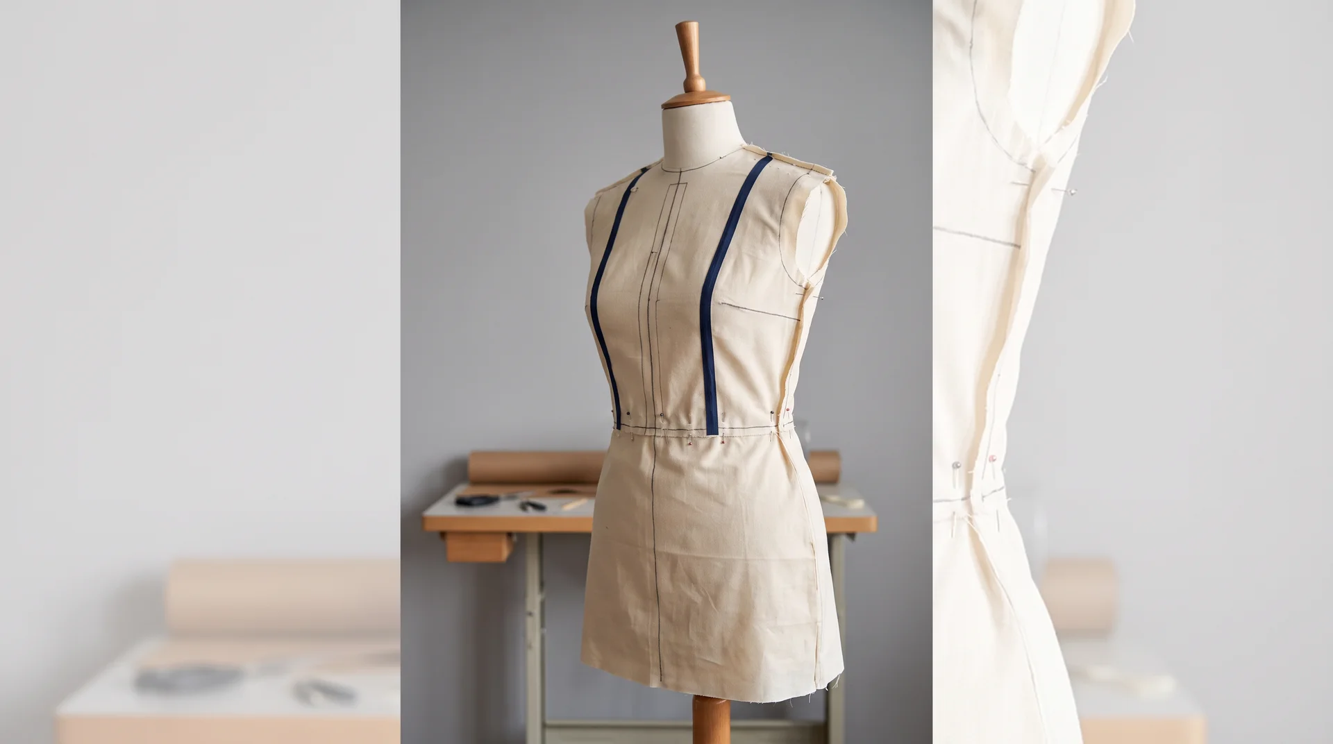 Unfinished muslin toile pinned on a dressmaking form with boning channels and seam markings visible