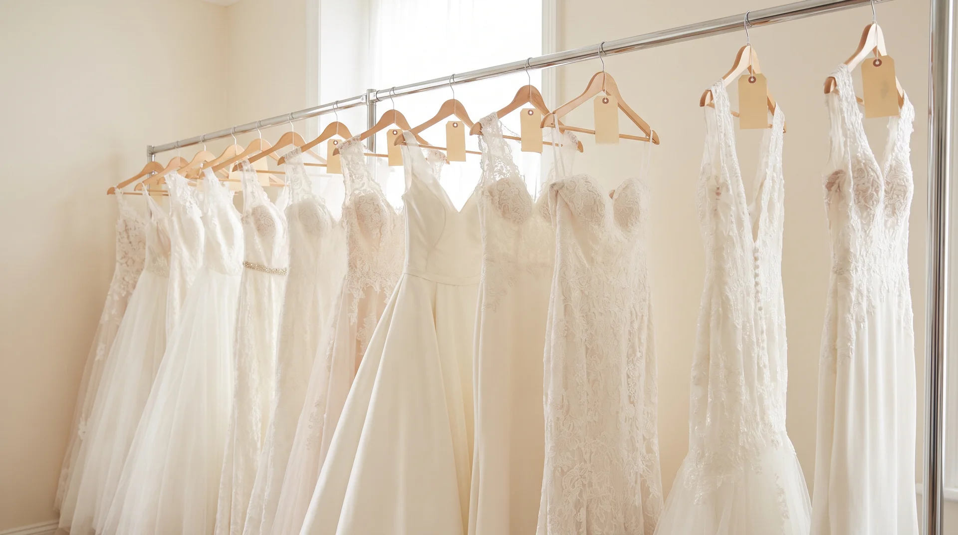 Bridal gown samples in white and ivory hanging on a boutique rail with garment tags on hangers