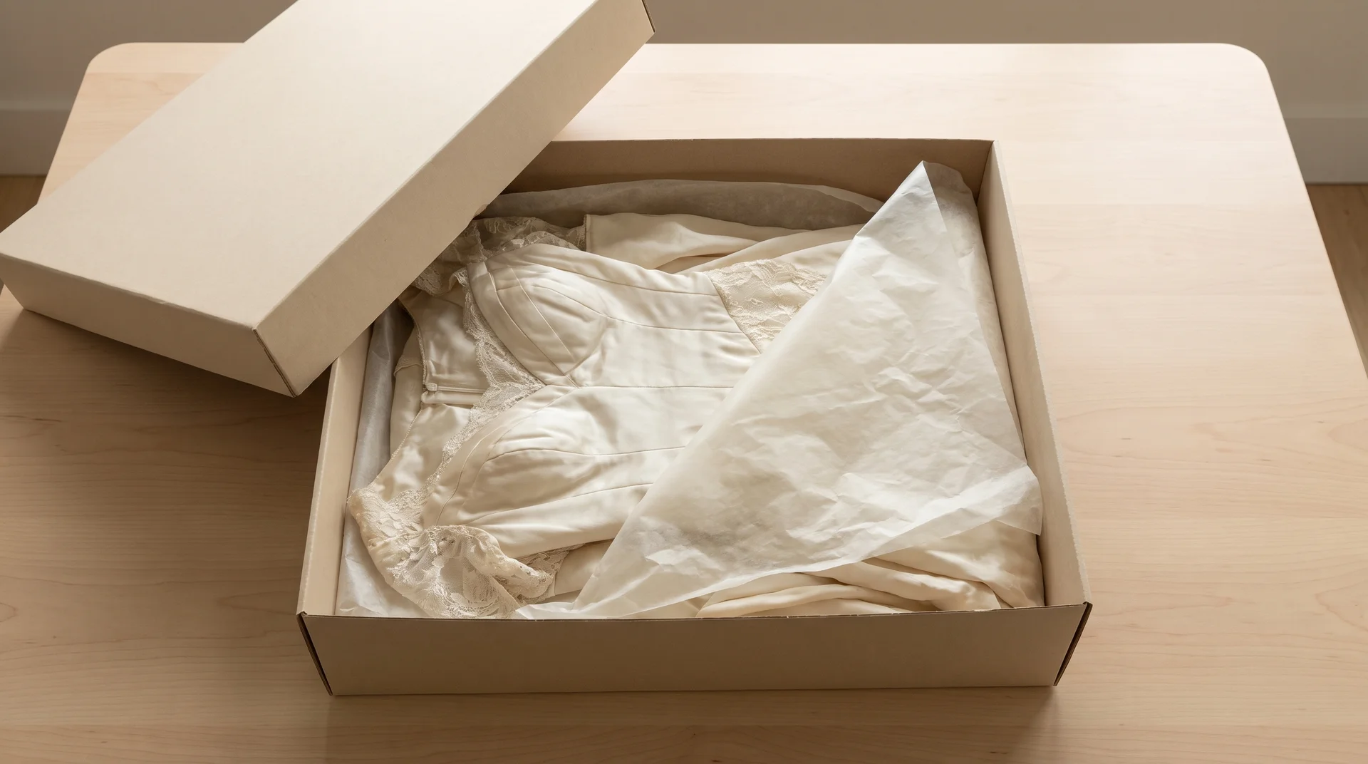 Ivory silk bridal gown folded with acid-free tissue paper inside an open archival storage box