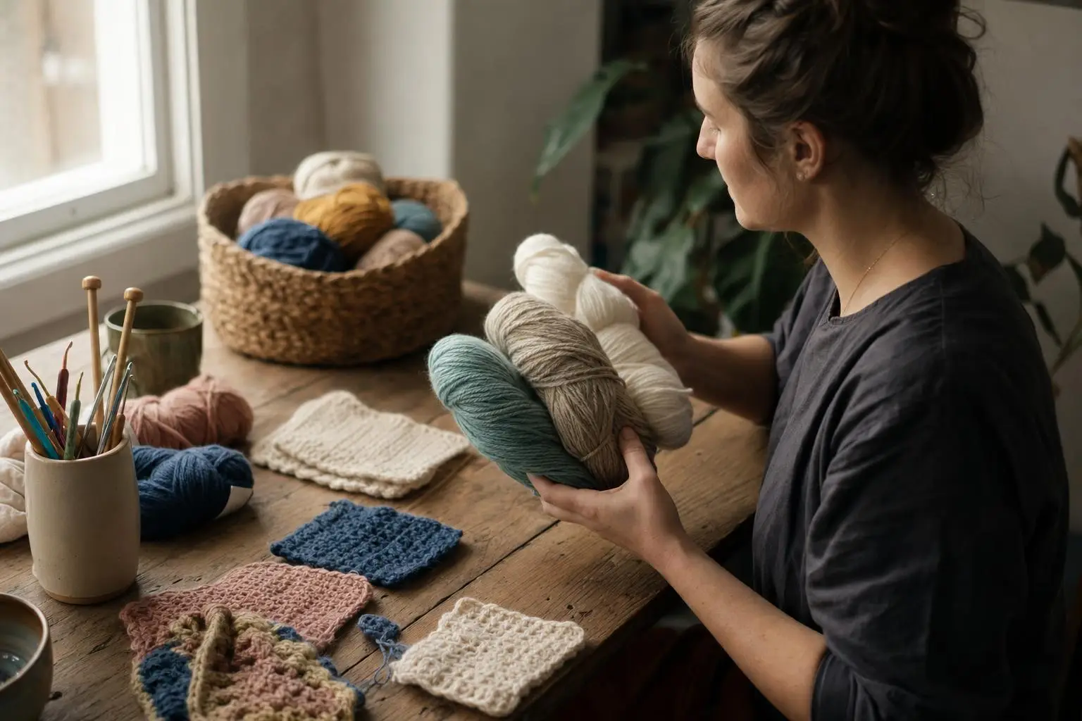 Woman holding skeins of yarn at wooden table with crochet supplies and swatches