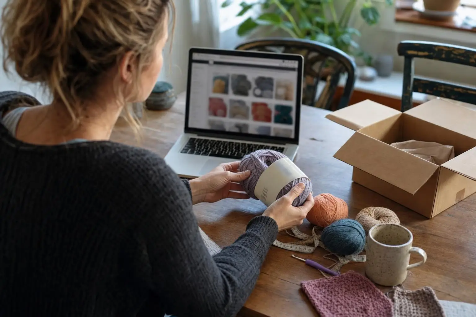 Woman examining yarn balls at wooden table with open laptop and cardboard box nearby