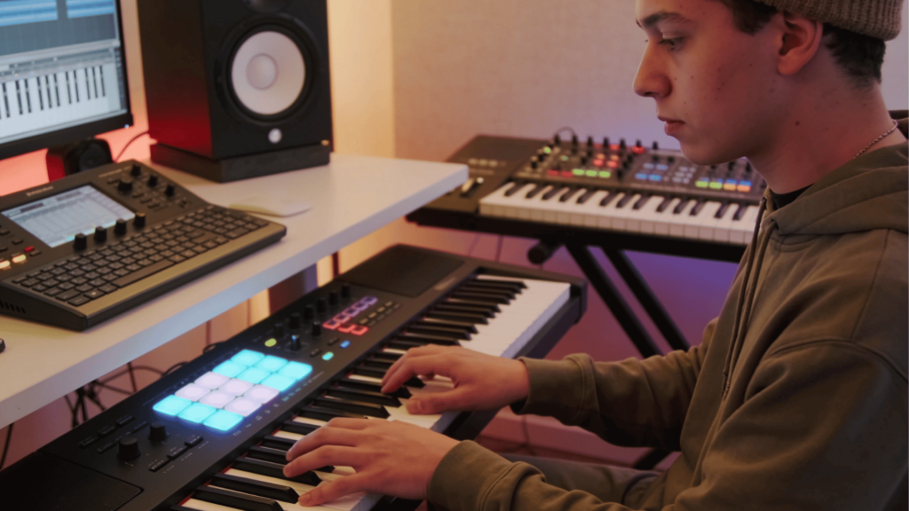 Young musician playing a digital piano keyboard in a modern music studio with recording equipment