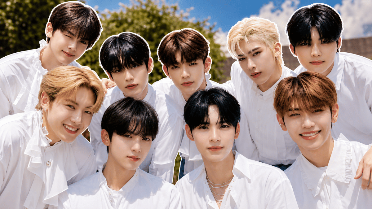 ZEROBASEONE members posing outdoors in coordinated white outfits