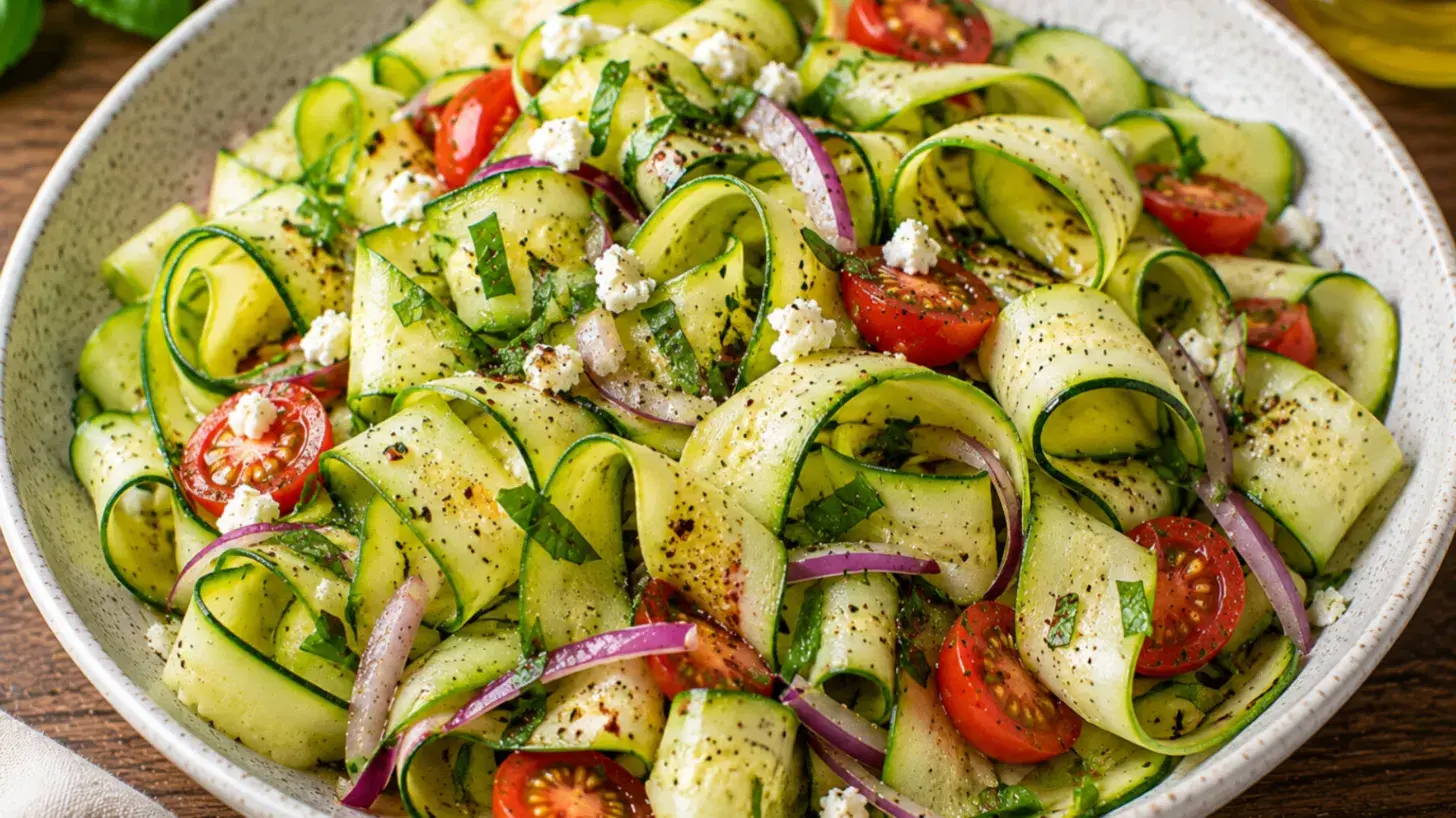 zucchini ribbon salad recipe made with summer veggies feta and fresh herbs for a light side dish