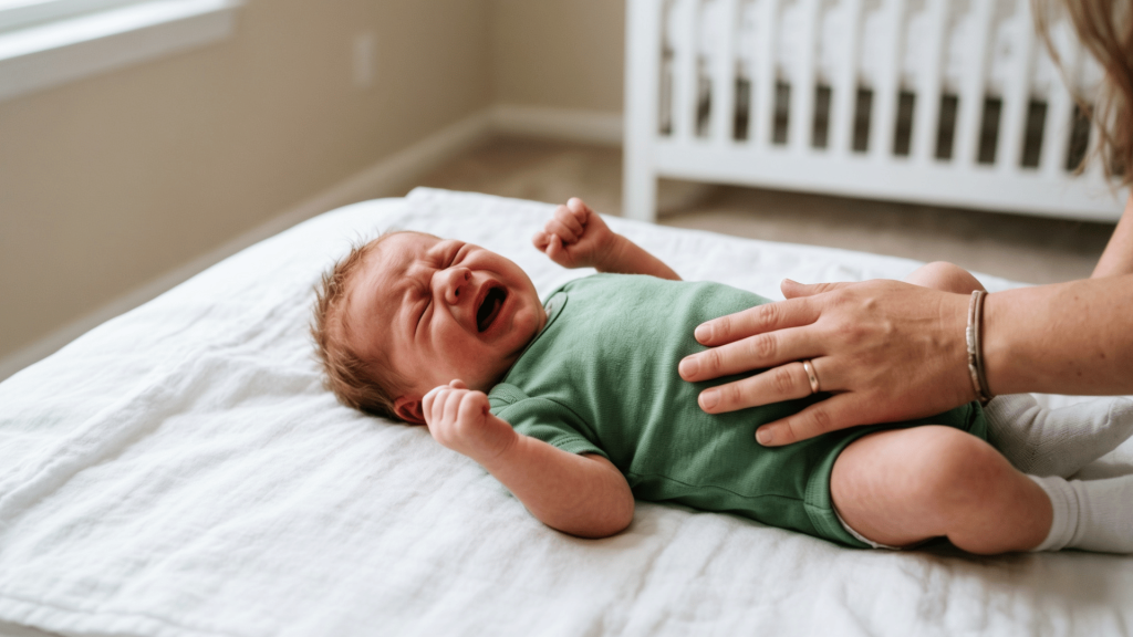 a crying baby in a green onesie lies on a padded changing table while being comforted by a parent