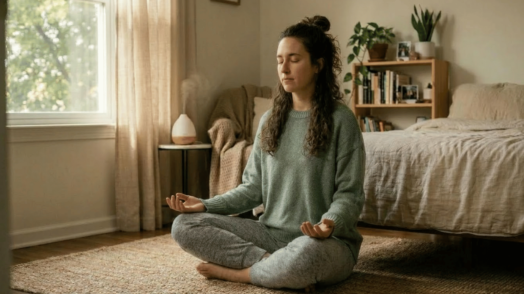 woman sitting cross-legged on a bedroom floor with eyes closed and in a yoga pose, practicing a calming breathing exercise